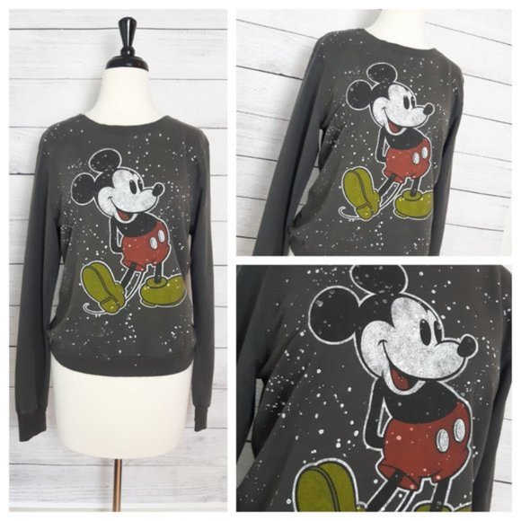 Mickey Mouse Disney Sweatshirt Gray Paint Splatter Distressed Look Crew Neck - Picture 3 of 7